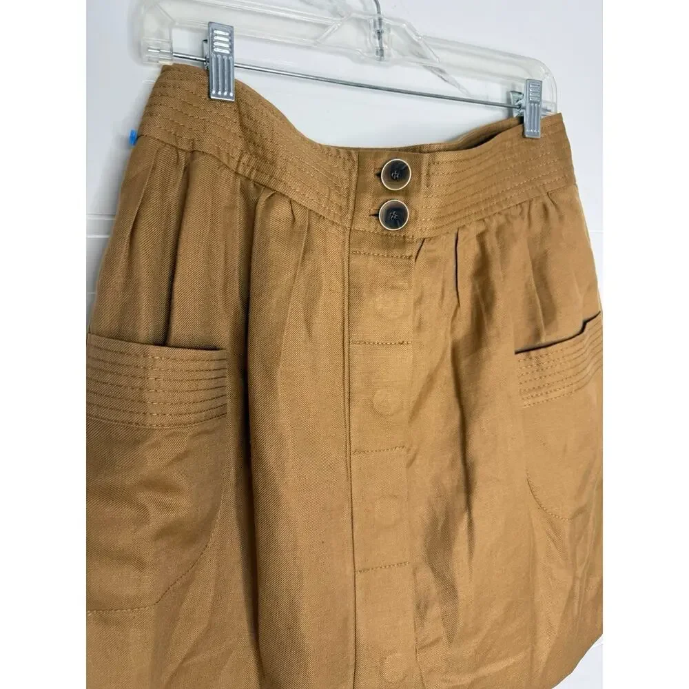 J Crew Skirt Sz 8 Brown Linen Blend Button Front Pockets Lined Minimalist Preppy